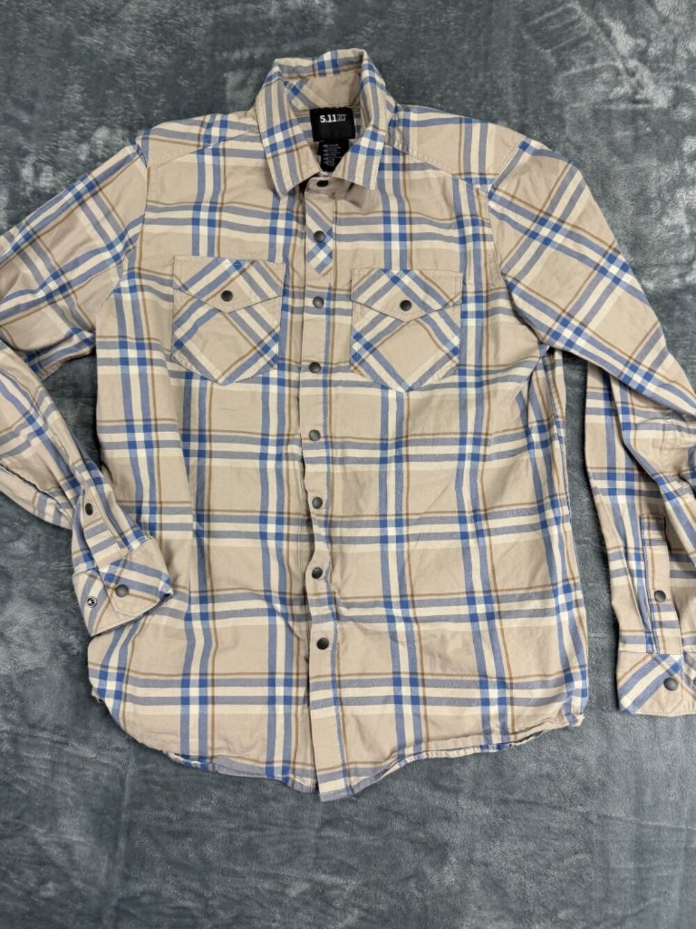 5.11 Tactical Mens Beige Blue Plaid Long Sleeve Button-Up Shirt M